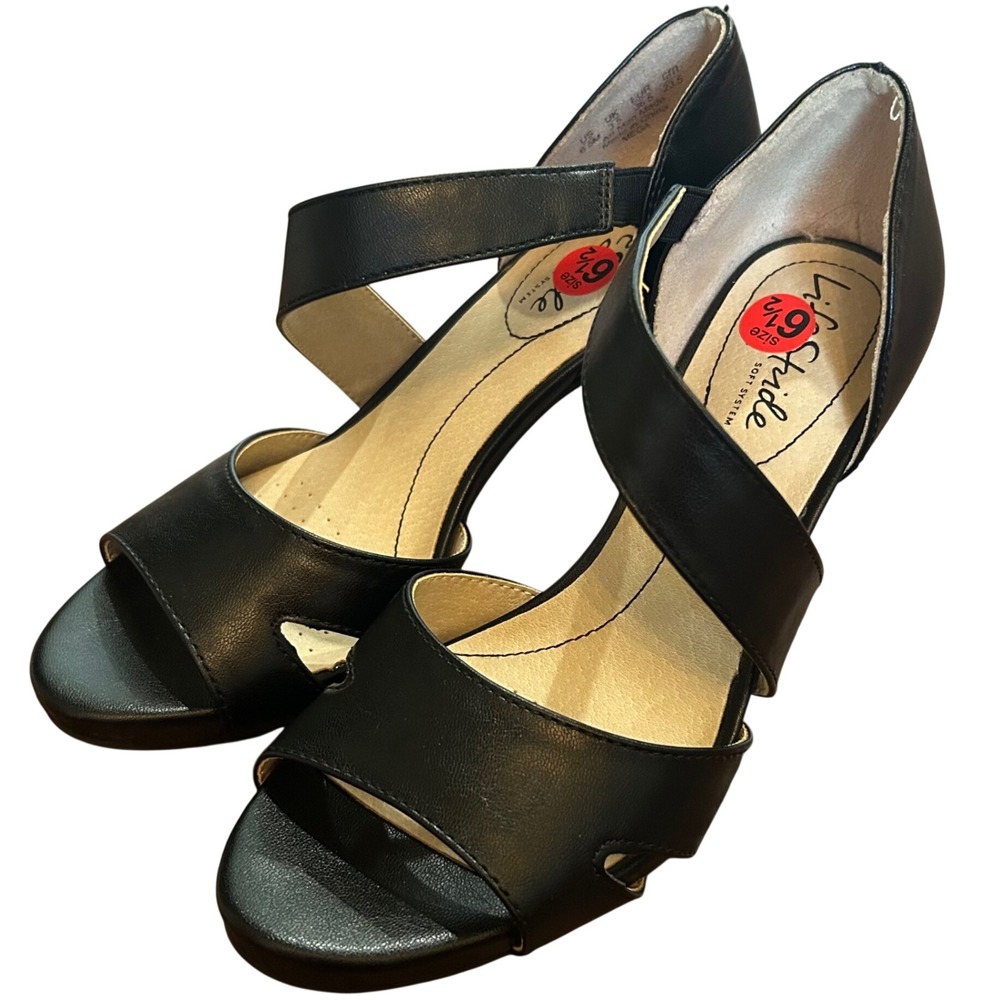LifeStride Mega Heels Women Black Asymmetrical Strappy Sandal 6.5M